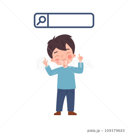 Cute boy point finger up, web search bar, cartoon vector on white Cute boy point finger up, web search bar, cartoon vector on white 109379683