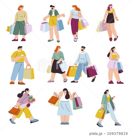 Shopping female characters walking carrying bags 109379819