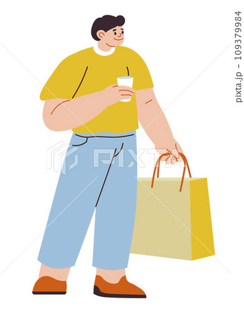 Shopping man drinking coffee holding bag in hand 109379984