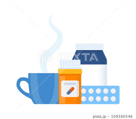 Seasonal cold treatment composition. Bottle of vitamins, tablets, pills and mug with a hot drink. Health care concept. Vector illustration. 109380546