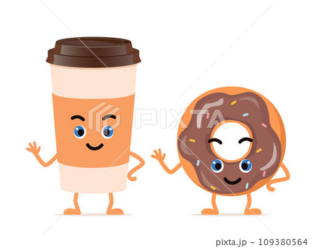Donut and coffee, cute happy characters for menu, banner. Breakfast, food, bakery concept. Vector illustration. 109380564