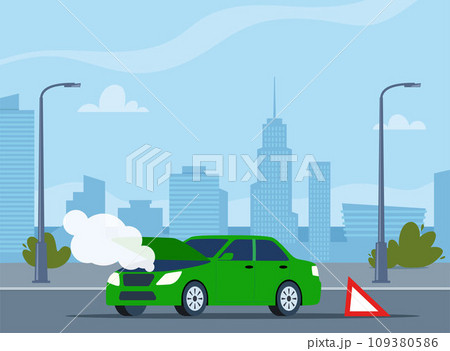 Car breakdown on the road emitting smoke with the hood open and warning sign behind. City on background. Vector illustration. Car breakdown on the road emitting smoke with the hood open and warning sign behind. City on background. Vector illustration. 109380586
