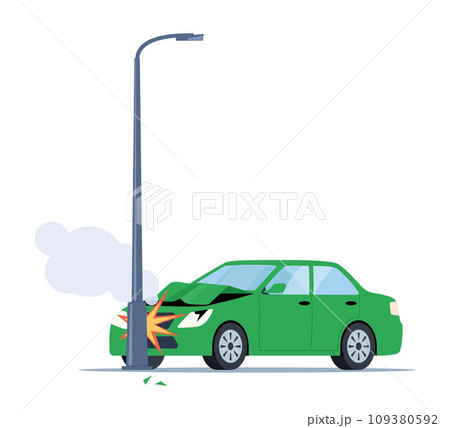 Car accident. Damaged transport on the road. Car crashed into a pole. Damaged transport. Collision on road, safety of driving personal vehicles, car insurance. Vector illustration. Car accident. Damaged transport on the road. Car crashed into a pole. Damaged transport. Collision on road, safety of driving personal vehicles, car insurance. Vector illustration. 109380592