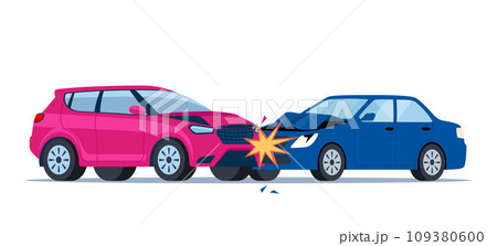 Car accident. Damaged transport on the road. Collision of two cars, side view. Damaged transport. Collision on road, safety of driving personal vehicles, car insurance. Vector illustration. 109380600