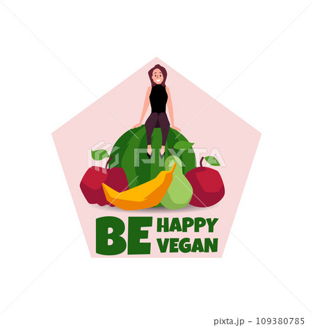 Small woman sitting on watermelon surrounded by other fruits. 109380785