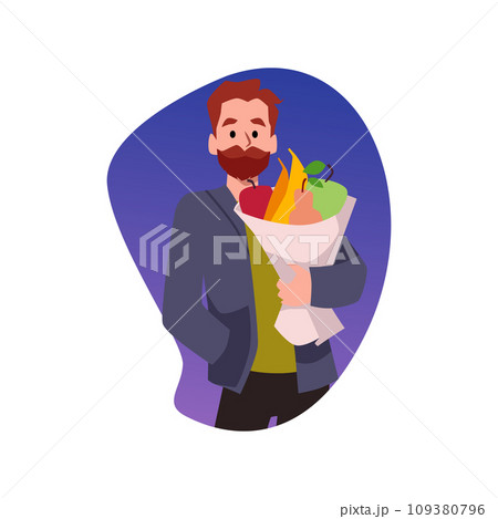Man holding wrapped fruits on abstract background. 109380796