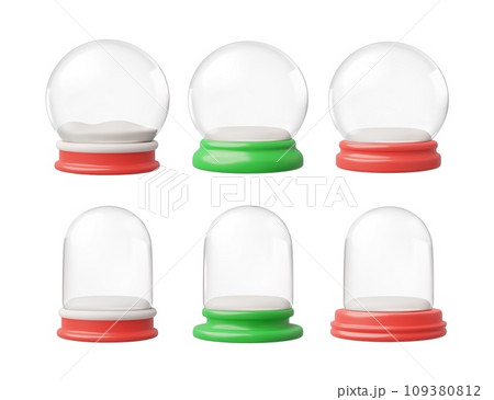 Set of 3d empty Christmas snow ball with glossy red and green bases, clear domes. 109380812