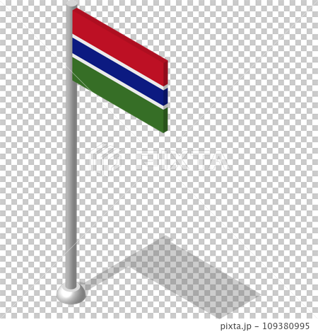 Isometric flag of GAMBIA in static position on flagpole. National banner of country in static, even position. PNG image on transparent background 109380995