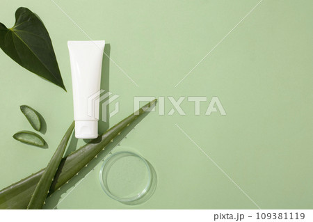 A white cosmetic tube is displayed with fresh aloe vera, green leaves and a transparent petri dish. Empty space for text design or product display. Treatment with natural ingredient. 109381119