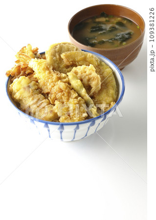 海老、ちくわ、インゲン、カボチャ、さつま芋、蓮根が乗っている具だくさんの天丼とお味噌汁 海老、ちくわ、インゲン、カボチャ、さつま芋、蓮根が乗っている具だくさんの天丼とお味噌汁 109381226