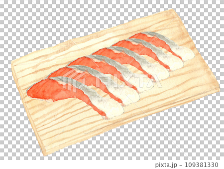 6 pieces of salmon fillets on a cutting board painted in watercolor, hand-painted] White background, transparent background 109381330