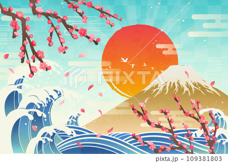 梅の花と富士山の日の出イラスト_横2 109381803