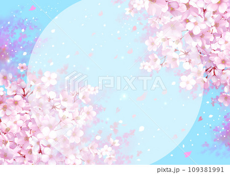桜と青空の円形フレーム　桜吹雪 109381991