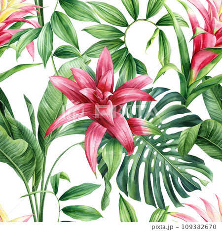 Tropical seamless pattern, Leaves and flowers, tropic plants on white background, watercolor botanical illustration 109382670