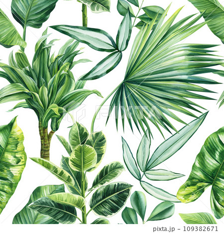 Tropical seamless pattern with palm Leaves, tropic plants on white background, watercolor botanical illustration 109382671