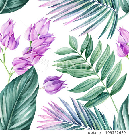 Tropical seamless pattern, Leaves and flowers, tropic plants on white background, watercolor botanical illustration Tropical seamless pattern, Leaves and flowers, tropic plants on white background, watercolor botanical illustration 109382679