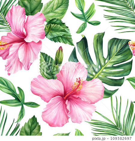 Tropical seamless pattern with pink hibiscus flowers, palm leaves. Floral design. Watercolor botanical illustrations Tropical seamless pattern with pink hibiscus flowers, palm leaves. Floral design. Watercolor botanical illustrations 109382697