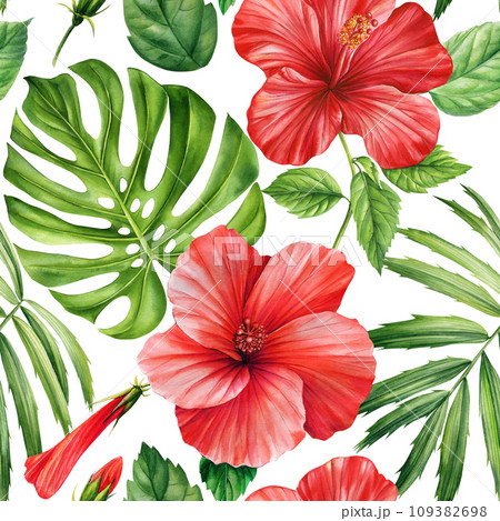 Tropical hibiscus flowers and Palm leaves on white background, watercolor botanical flora. Seamless patterns. Tropical hibiscus flowers and Palm leaves on white background, watercolor botanical flora. Seamless patterns. 109382698