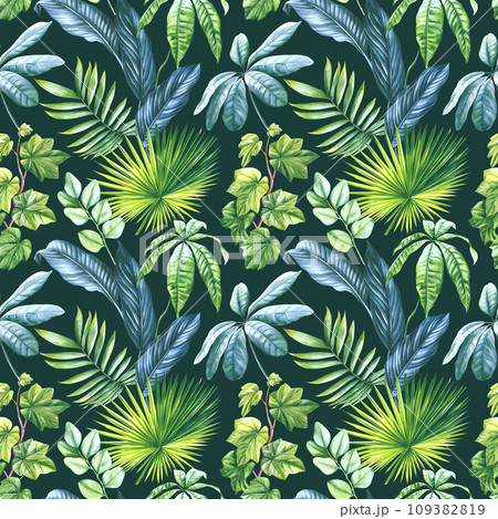 Tropical seamless pattern with palm Leaves, tropic plants on white background, watercolor botanical illustration 109382819