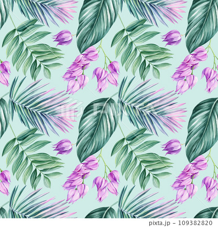 Tropical seamless pattern, Leaves and flowers, tropic plants on white background, watercolor botanical illustration 109382820