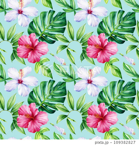 Tropical hibiscus flowers and Palm leaves on blue background, Watercolor botanical plants. Seamless patterns. Tropical hibiscus flowers and Palm leaves on blue background, Watercolor botanical plants. Seamless patterns. 109382827