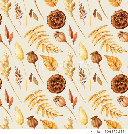 Autumn seamless background with dry leaves, poppy and lotus seed watercolor. Design for paper, cover, fabric, decor Autumn seamless background with dry leaves, poppy and lotus seed watercolor. Design for paper, cover, fabric, decor 109382851
