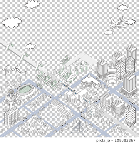 Overhead illustration of a cityscape by the sea (monochrome) 109382867