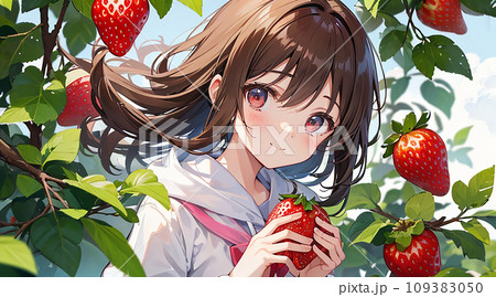 いちご狩りをしている女の子 イラスト「AI生成画像」のイラスト素材