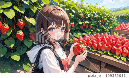 いちご狩りをしている女の子 イラスト「AI生成画像」のイラスト素材