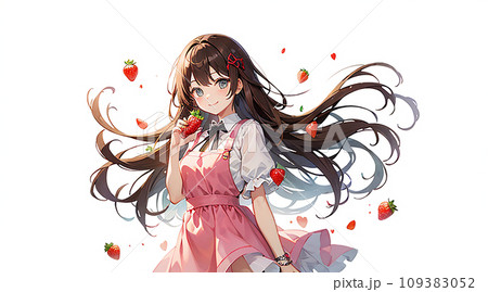 いちごを持った女の子 白バック イラスト「AI生成画像」のイラスト素材