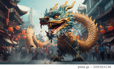 Illustration of Chinese Dragon Festival Delights. Traditional Dragon dance at street. Generative Ai. 109383136