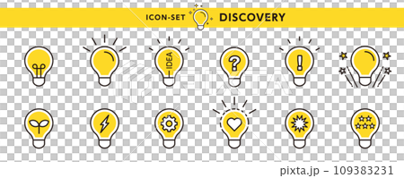 An icon set that represents inspiration such as discovery, realization, and inspiration with light bulbs. An icon set that represents inspiration such as discovery, realization, and inspiration with light bulbs. 109383231