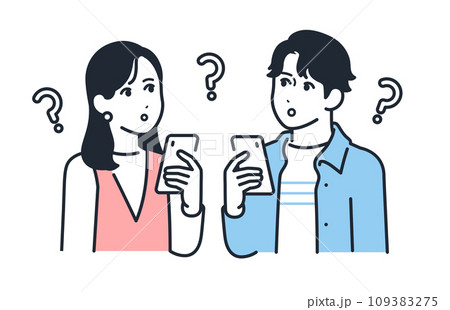 スマートフォンと考える若い男女のシンプルなベクターイラストセット素材 109383275