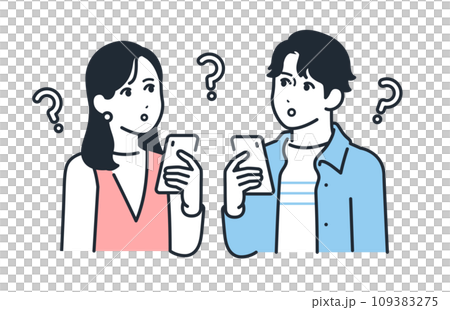 Simple vector illustration set material of young men and women thinking with smartphones 109383275