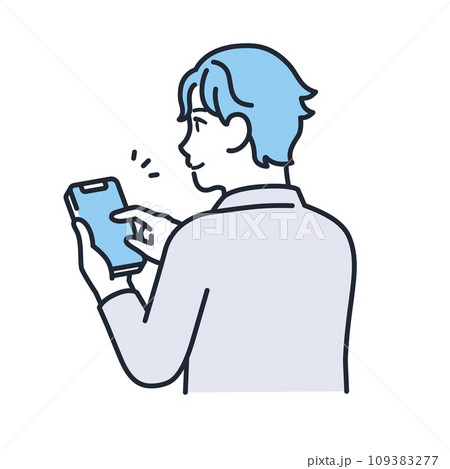 笑顔でスマートフォンを操作するカジュアルな服装の若い男性のシンプルなベクターイラスト素材 109383277