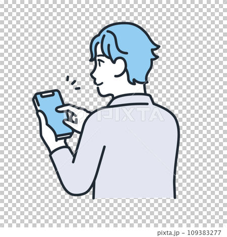 A simple vector illustration of a young man in casual clothes operating a smartphone with a smile 109383277