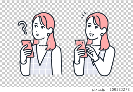 A simple vector illustration set of a young woman with a thinking expression while holding a smartphone and a happy expression with a smile 109383278
