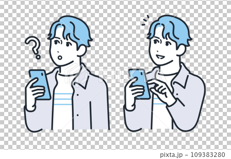 A simple vector illustration set of a young man with a thinking expression while holding a smartphone and a happy expression with a smile A simple vector illustration set of a young man with a thinking expression while holding a smartphone and a happy expression with a smile 109383280