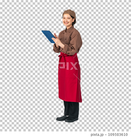 Woman wearing cooking clothes using a tablet, cook, restaurant clerk, cutout full body photo Woman wearing cooking clothes using a tablet, cook, restaurant clerk, cutout full body photo 109383610