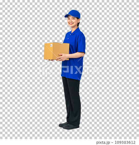 Woman in work clothes holding luggage, delivery staff, worker, cutout full body photo 109383612