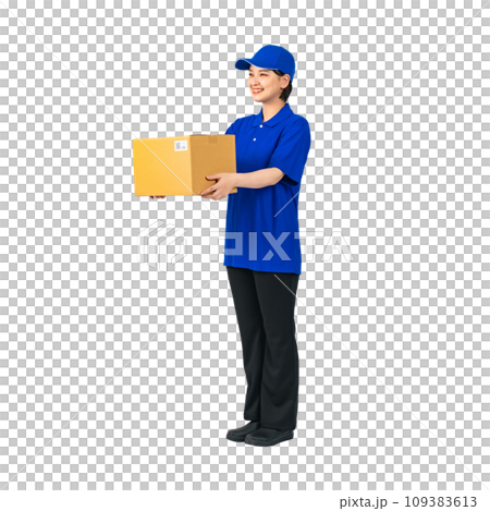 Woman in work clothes holding luggage, delivery staff, worker, cutout full body photo Woman in work clothes holding luggage, delivery staff, worker, cutout full body photo 109383613