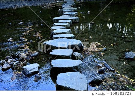 埼玉県嵐山町　紅葉の武蔵嵐山渓谷槻川の飛び石 109383722