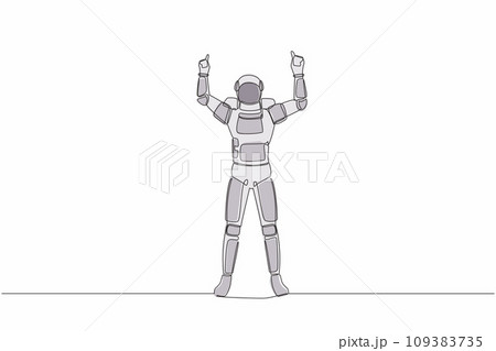 Single continuous line drawing happy astronaut standing with both hand pointing index finger up. Celebrate winning spaceship competition. Cosmonaut deep space. One line draw design vector illustration Single continuous line drawing happy astronaut standing with both hand pointing index finger up. Celebrate winning spaceship competition. Cosmonaut deep space. One line draw design vector illustration 109383735