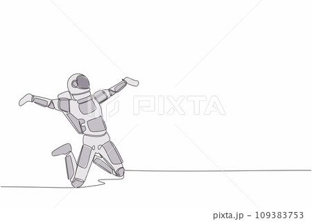 Single continuous line drawing of happy astronaut jumping with raised legs and spread arms. Celebrate successful in spacewalk project. Cosmonaut deep space. One line graphic design vector illustration Single continuous line drawing of happy astronaut jumping with raised legs and spread arms. Celebrate successful in spacewalk project. Cosmonaut deep space. One line graphic design vector illustration 109383753