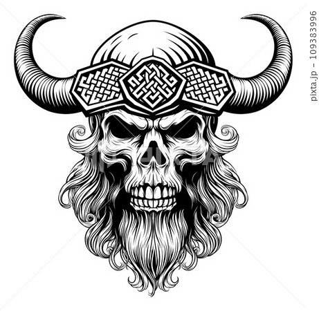 Viking Warrior Skull Man Mascot Face in Helmet 109383996