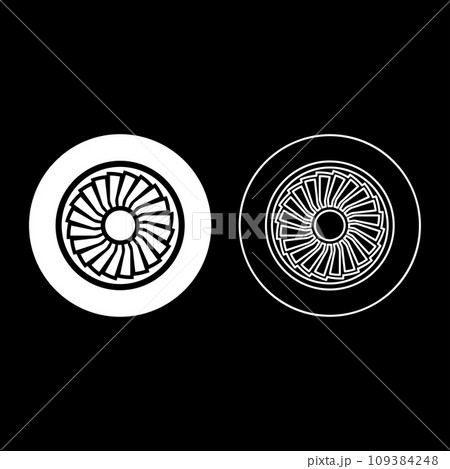 Turbine airplane turbomachine jet engine aircraft motor fan plane set icon white color vector illustration image solid fill outline contour line thin flat style Turbine airplane turbomachine jet engine aircraft motor fan plane set icon white color vector illustration image solid fill outline contour line thin flat style 109384248