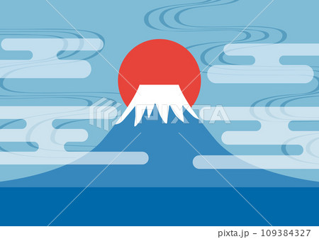 雲間から見える日の出と富士山の背景 109384327