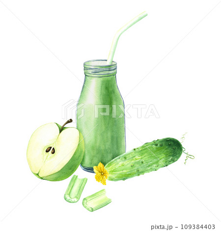 Composition with green cocktail smoothie, apple, cucumber and celery. Hand drawn watercolor food illustration isolated on white. For clip art cards menu label package Composition with green cocktail smoothie, apple, cucumber and celery. Hand drawn watercolor food illustration isolated on white. For clip art cards menu label package 109384403