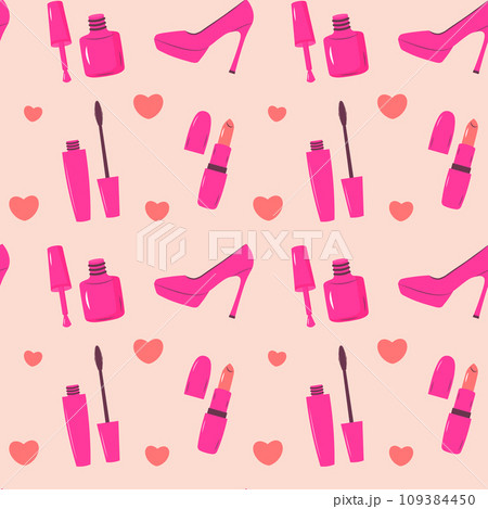 Pinkcore glamour seamless pattern. Pink pattern with female makeup products, shoes and hearts. Pinkcore glamour seamless pattern. Pink pattern with female makeup products, shoes and hearts. 109384450