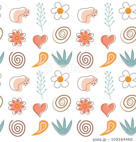 Boho seamless pattern. Cute flowers, heart and abstract shapes background. Boho seamless pattern. Cute flowers, heart and abstract shapes background. 109384460